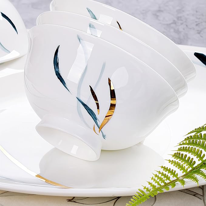 50 Pcs Fine Bone China Dinnerware Set, Porcelain & Ceramic Dinnerware Sets, Bone Stoneware & Ceramic Cookware Tableware Set Includes Dinner Plates|Spoons|Pasta Bowls|Soup Pot|Chopsticks