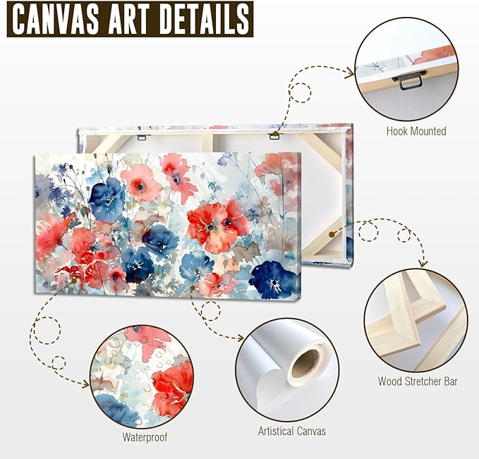 ADJUVANT Wall Art Watercolor Vibrant Floral 40"L x 20"W, Colorful Poppies With Soft Hues Canvas Painting Lively Blooms Artwork Delicate Tones Prints Wall Decor for Living Room Bedroom Bathroom Home Office