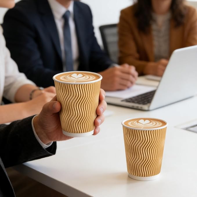 500 Pack 12 oz Coffee Cups, Disposable Corrugated Insulated Ripple Wall Paper Coffee Cups 12oz for Hot or Cold Drinks Office Home Cafe Party Travel (Champagne)
