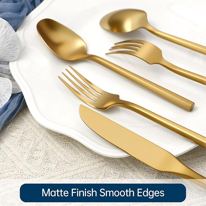 Silverware Set 20-Piece Stainless Steel Matte Gold Cutlery, Hand Forged Thick Hexagon Handle Flatware Sets, Service for 4