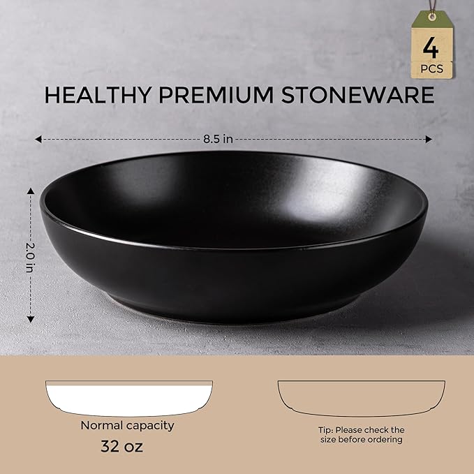 AmorArc 8.5 Inch Stoneware Pasta Bowls, 32oz Large Bowls Set of 4 for Kitchen, Wide Bowls for Pasta,Salad,Oatmeal, Microwave&Dishwasher Safe, Matte Black