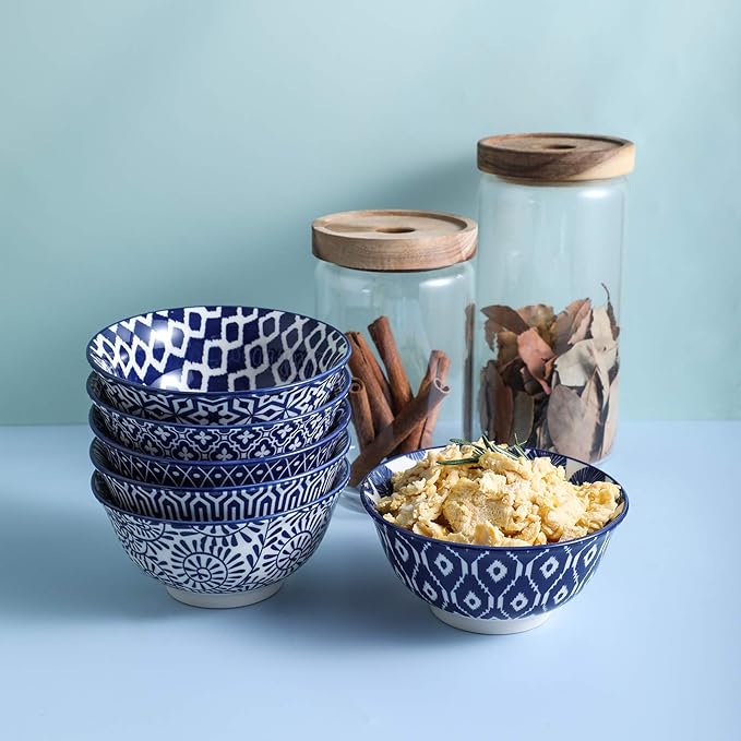 Selamica Porcelain 11oz Ice Cream Bowls Set of 6, Small Bowls, Ceramic bowls for Dessert, Ice Cream, Vintage Blue