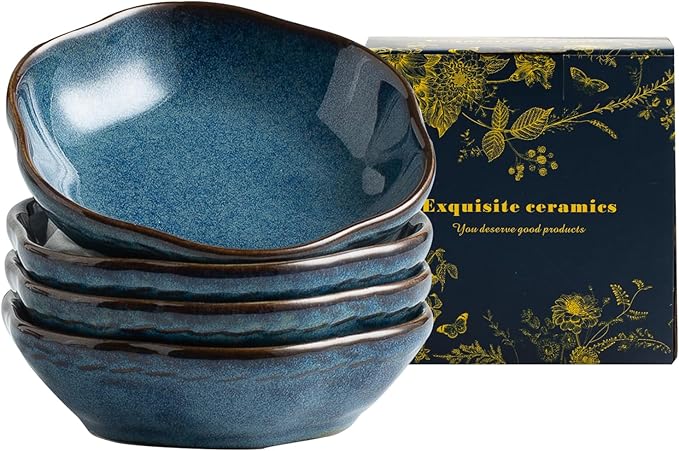 4.4Oz Kiln-Changed Dipping Bowls, 4.3 Inches Ceramic Flower-Shaped Soy Sauce Dishes, Small Appetizer/Side Plates Set of 4 (blue)
