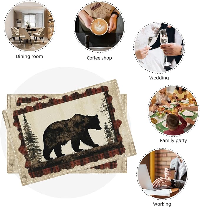 Bear Placemats Set of 6, Farmhouse Cabin Place Mats, Country Rustic Wild Animal Waterproof Washable Table Mats for Home Party Indoor Kitchen Dining Table Decoration 12x18 Inch