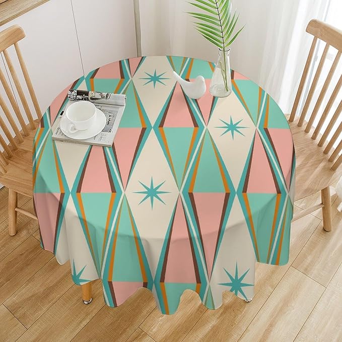 Mid Century Round Tablecloth, Vintage Bohemian Modern Mid-Century 50s 60s Print Tablecloth for Home Party Dining Room Kitchen Decor 50Inch(127cm)