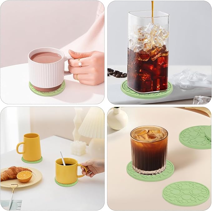 6 Pack Green Silicone Coasters with Holder, 4 Inches Non-Slip Decorative Coaster for Tabletop, Desk Dishwasher Safe Cup Mat for Bar, Drinks, Beer, Coffee