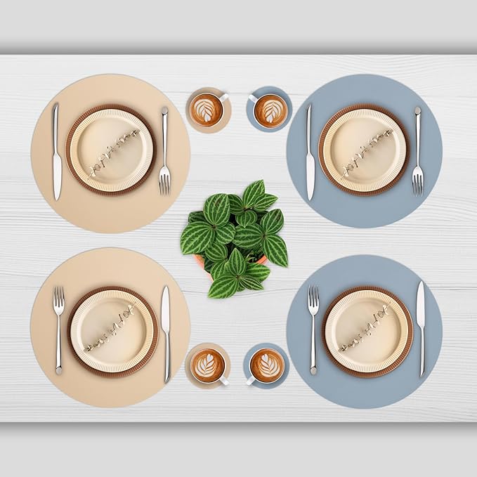 Myir JUN Round Placemats Set of 4 Faux Leather Place Mats and Coasters 15 inch Round Table Mats Dual Sided Non-Slip Stain Resistant Placemats (Camel Yellow & Blue, Set of 4)