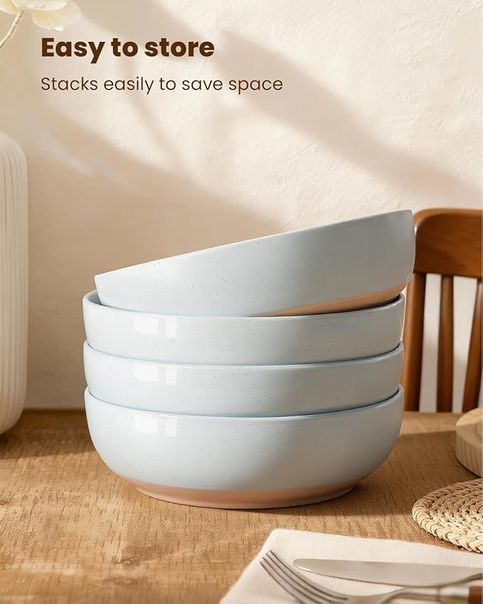 Pasta Bowls Set of 4, 34oz Speckled Ceramic Bowls Set for Serving Salad, Pasta, Soup, Dinner, 8" Wide and Deep Bowls, Dishwasher & Microwave Safe, Matte Terracotta Base (Gray White)