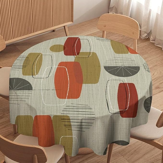 Retro Medieval Bohemian Round Tablecloth, Modern Mid Century Geometric Abstract Print Tablecloth for Home Party Dining Room Kitchen Decor 60Inch(152cm)