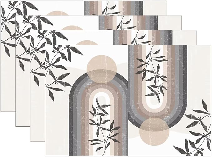 Boho Leaf Mid Century Placematss, Bohemian Plant Mid Century Palm Tropical Abstract Modern Washable Place Mats 12x18Inch for Dining Kitchen Farmhouse Decor 4 PCS