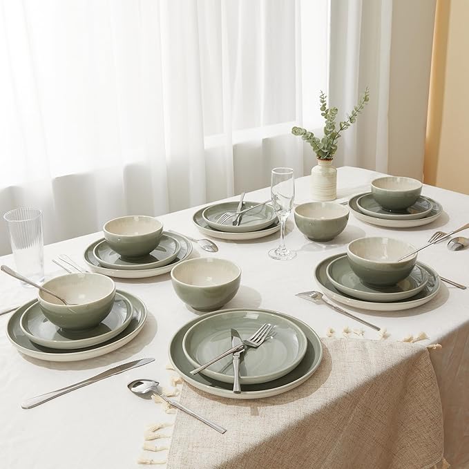 Stoneware Dinnerware Sets for 6, Microwave Safe Plate and Bowl Set, Easy to Clean & Durable Dishes Sets for Small to Medium Families, Gray Green