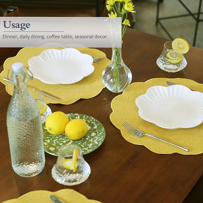 AHHFSMEI Round Faux Linen Placemats Set of 6 Waterproof Table Mats Heat Resistant Non-Slip and Stain Proof for Kitchen Dining Elegant Decor(Yellow,6)