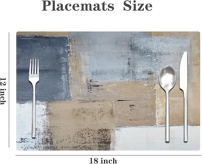 Grey Brown Placemats Set of 4 Modern Place Mats Indoor Abstract Art Table Mat Washable Linen Waterproof Heat Resistant Placemats for Dining Tables, 18 X 12 Inch