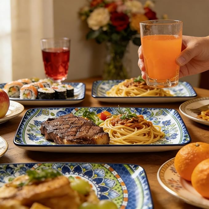 10 Inch Rectangular Ceramic Plates Set of 6 - Bohemian Floral Design in 6 Vibrant Colors, Oven & Microwave Safe Porcelain Appetizer, Salad & Dessert Plates