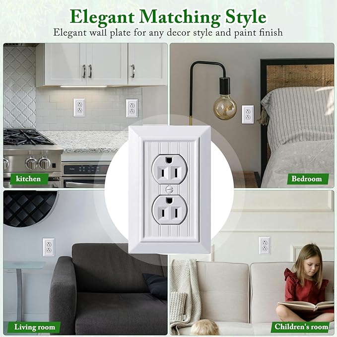 Beadboard Outlet Covers Wall Plates, Bamboo Fiber Light Switch Covers, Natural Material Electric Receptacle Decorative Switch Plate Outlet Cover (Pure White, 1 Gang Duplex 4 Pack)