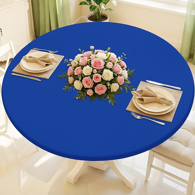 Round Spandex Tablecloth, Elastic Fitted Waterproof Tablecloths for 18"-24" Tables, Stretch Washable Picnic Table Cover for Camping, Dining, Indoor and Outdoor, Blue