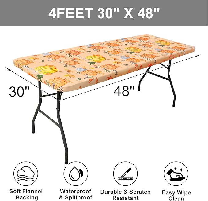 Smiry Plastic Thanksgiving Tablecloth, Pumpkin Wipeable Flannel Backed Vinyl Tablecloths for 4 Foot Tables, Waterproof Elastic Fitted Table Covers for Autumn Harvest, Parties (Orange, 30x48 Inches)