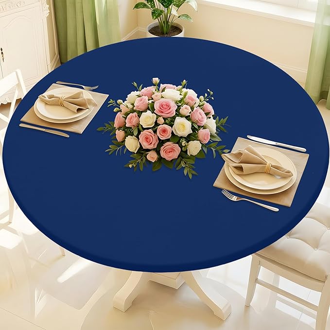 Round Spandex Tablecloth, Elastic Fitted Waterproof Tablecloths for 42"-50" Tables, Stretch Washable Picnic Table Cover for Camping, Dining, Indoor and Outdoor, Navy