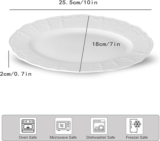 Neaylfe Ceramic Dinner Plates Set of 6, 10 inch Oval Embossed White Plates for Salad, Dessert, Appetizer, Steak, Large Flat Serving Plates for Kitchen, Restaurant, Parties