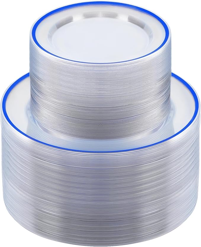 BESTSTAR 200PCS Blue and Clear Plastic Plates, Blue Disposable Plate Set with 100 Dinner Plate and 100 Dessert Plates for Party, National Day
