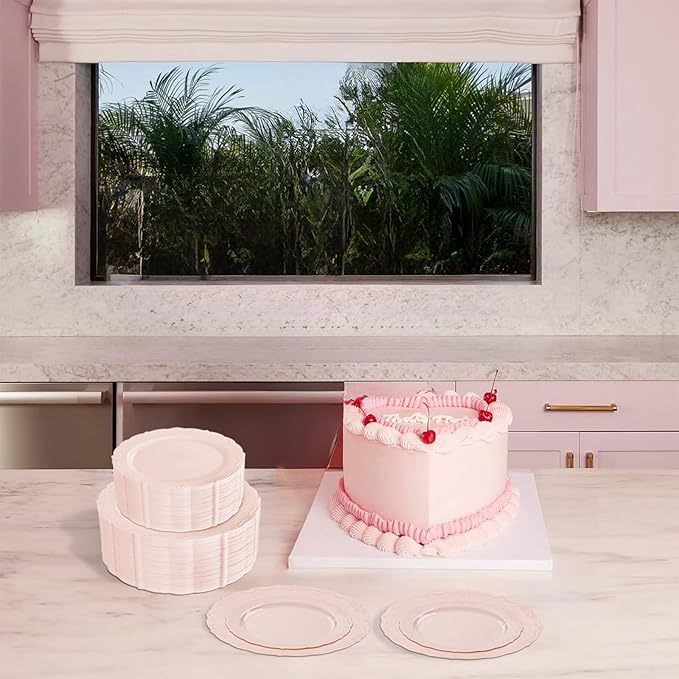 U-QE 100PCS Mauve Pink Plastic Plates for Party - Plastic Party Plates Disposable Heavy Duty - Pink Valentines Plates for Valentine's Day Including 50PCS 10.25'' Dinner Plates&50PCS 7.5'' Pink Plates