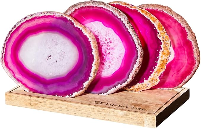 Luxury Lane Set of 4 Large Natural Brazilian Agate Slice Geode Rock Stone Drink Coasters with Wood Holder 4.3-4.7 inch Centerpiece Table Decoration, Rose Pink