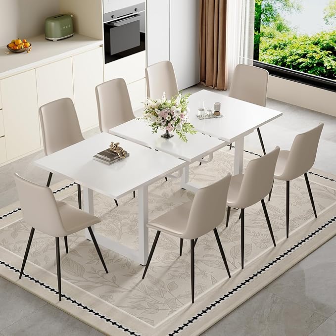 Extendable Dining Table Set for 8, 55"–71" Modern White Kitchen Table with 8 Upholstered Chairs, Space-Saving for Living Room Apartment, Sturdy & Comfortable, Easy Assembly