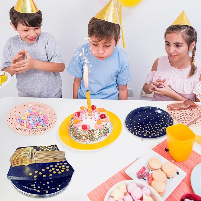Serve 35 Guests Pink and Rose Gold Plates and Napkins Party Supplies,7 Inch Happy Birthday Pink Paper Plates Disposable for Bridal Showers Birthday Wedding