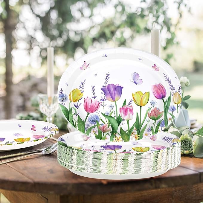 50 Pcs Tulip Oval Paper Plates Large 10" x 12" Tulip Lavender Floral Plates Disposable Heavy Duty Butterfly Flower Plates for Easter Spring Wedding Bridal Baby Shower Decor Birthday Tea Party Supplies