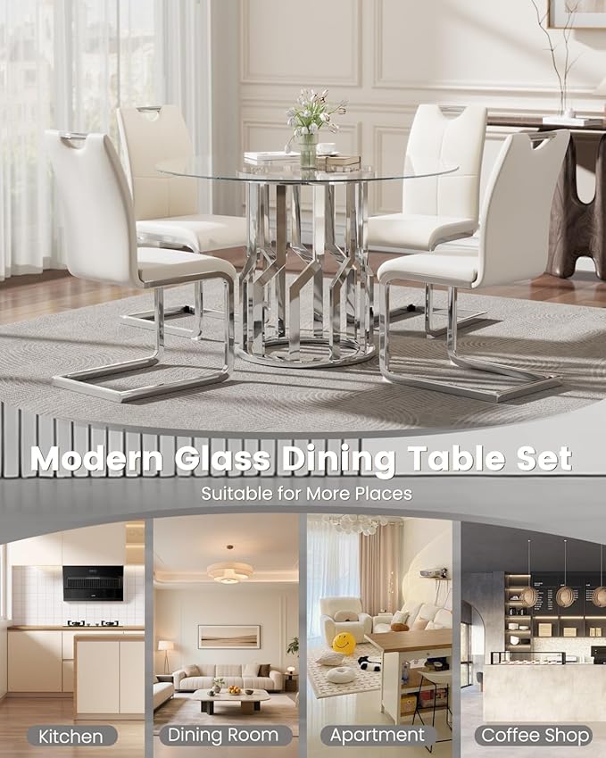 38.9" Round Glass Dining Table Set for 4, Modern 5 Piece Kitchen Table Set with Silver Stainless Steel Base & 4 PU Leather Accent Chairs, Saving Space, Dining Set for Apartment, Home - White Chair