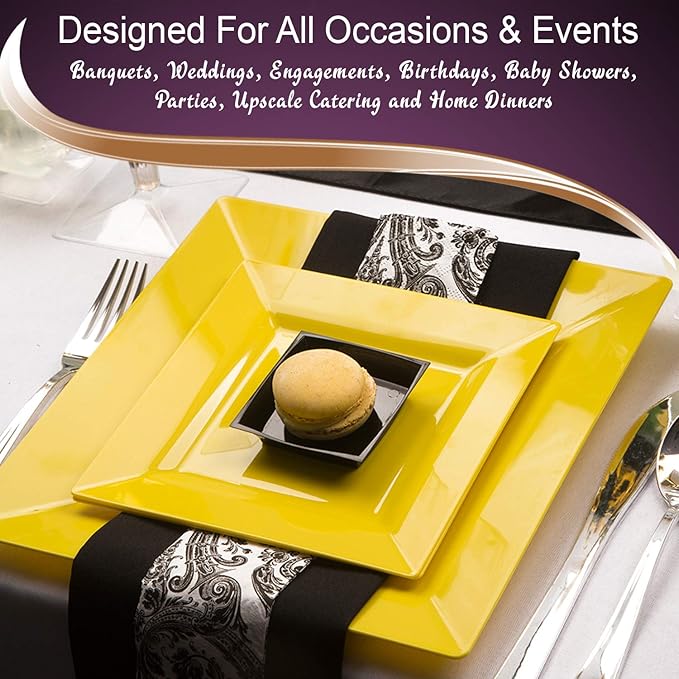 Elegant Disposable Plastic Dinner Plates 120 Plates - Heavy Duty Square Yellow Dinner Plates - 9.5" Reusable Plastic Party Plates For All Occasions