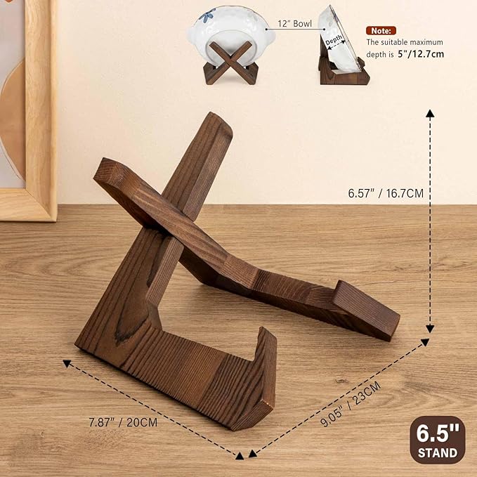 Bowl Stands for Display, 6.5 Inch Plate Holder, Wooden Easel Frame Holder, Display Stand for Large Deep Platters and Dishes, 6.5" H x 9" W x 7.9" D (For Bowls under 5" in Depth)