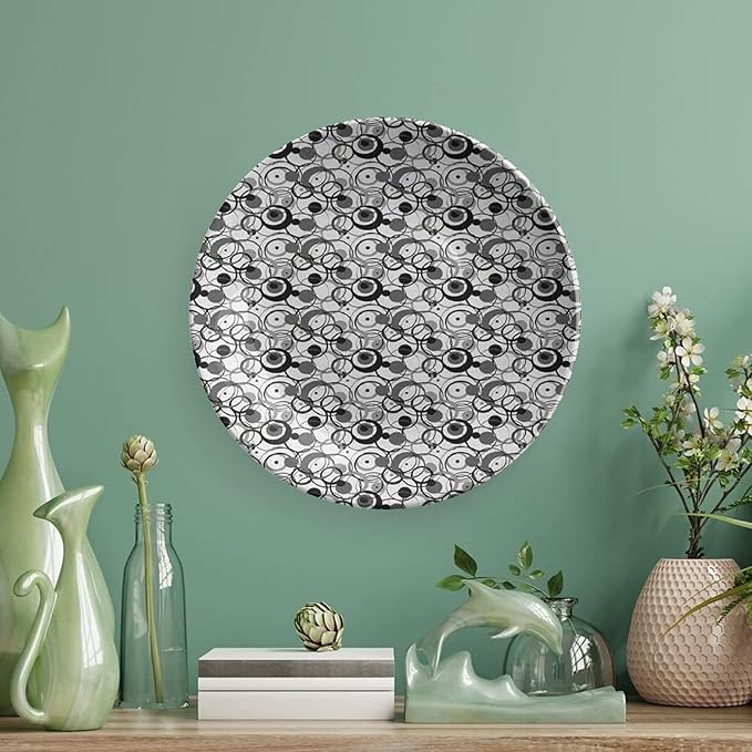 Decorative Plates, Abstract Print Ornament, Monochrome Circles Dots Surreal Geometric Modern, 8 Inch, Kitchen Wall Decor, Grey Black White