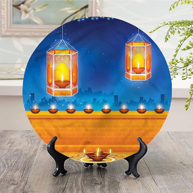 Ceramic Plates, Diwali Decorative Ceramic Plates, Diwali Night Candles, 8 Inch, for Dining, Parties, Wedding, Multicolor