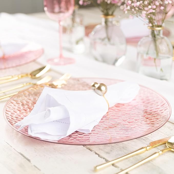 PARTY BARGAINS 13-Inch Charger Plates - 16 Pack, Hammered Pink, Heavy-Duty Disposable Chargers for Elegant Dining - Ideal for Weddings and Formal Events