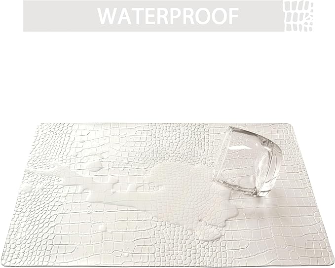 Jovono Faux Leather Placemats Set of 4,Waterproof & Heat Resistant Dinner Place Mats for Dining Table, Non-Slip Crocodile Embossed, White (17.8x11.8 Inch)