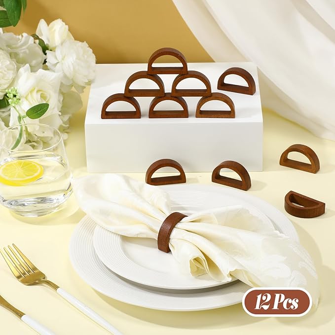 Remerry 12 Pcs Wooden Napkin Rings Handmade Dining Napkin Holder Buckles Farmhouse Semicircle Serviette Ring for Xmas Gathering Everyday Use Harvest Wedding Table Setting (Wood Color)