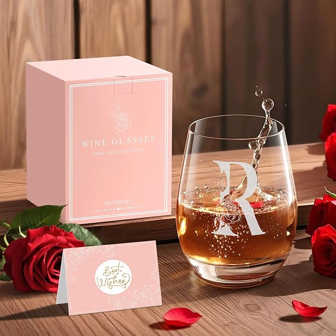 Valentines Day Gifts for Her, Gifts for Women Her Friend Mom Grandma Wife Sister Bridesmaid Nurse, Birthday Galentines Mothers Day Christmas, Personalized Initial Customized Wine Glasses 18OZ(R)