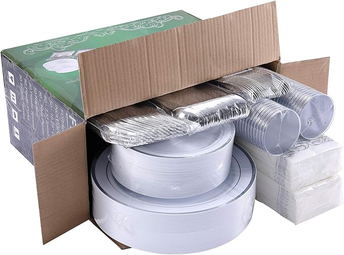 FOCUSLINE 350 Ct Disposable Dinnerware Set for 50 Guests -Heavy Duty Plastic Plates with Silver Rim, Includes 50 Dinner & Salad Plates, Cups, Napkins, Cutlery Set