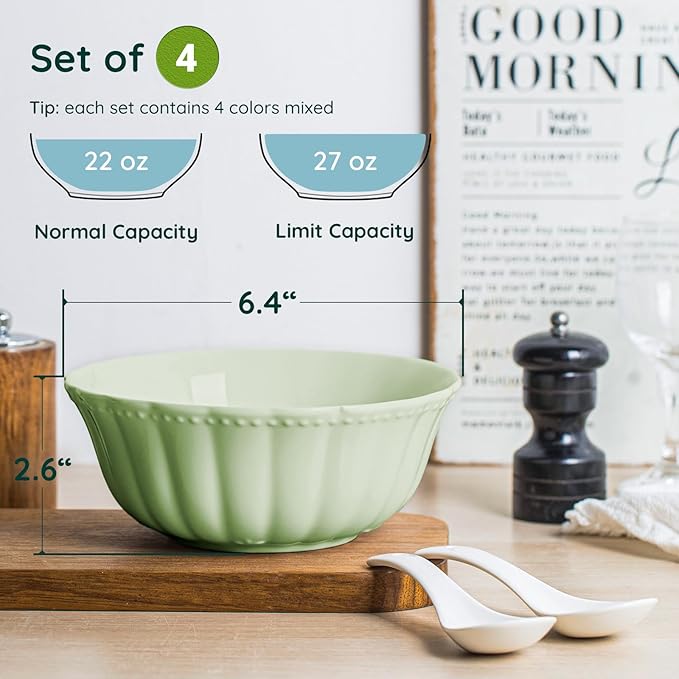 HOMBENE Ceramic Soup Serving Bowls for Kitchen, 6.4 Inch, Set of 4, Cereal Bowl Porcelain, Oven & Microwave Safe, Mixing Color