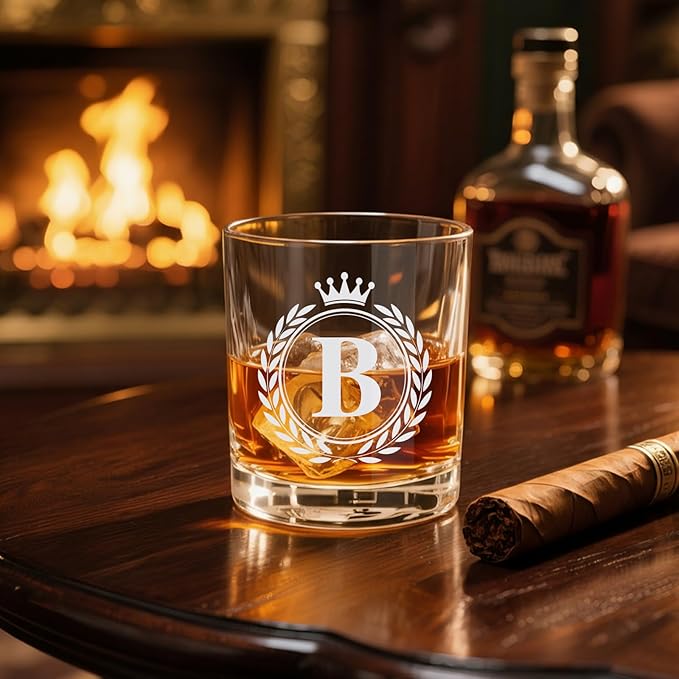 Whiskey Glasses - Rocks Old Fashioned Glass Gifts for Men, Monogrammed A-Z 10oz Personalized Whisky Glasses, Christmas Birthday Gifts for Men Him Dad Father Husband Brother Son (B)