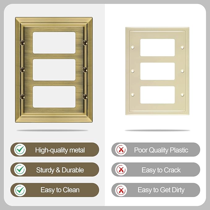 Metal Wall Plate for Electrical Outlets, Decorative Antique Brass Switch Plates Outlet Cover, Light Switch Cover Plate, 3-Gang Wall Plates (Triple Decoretor, 1 Pack)