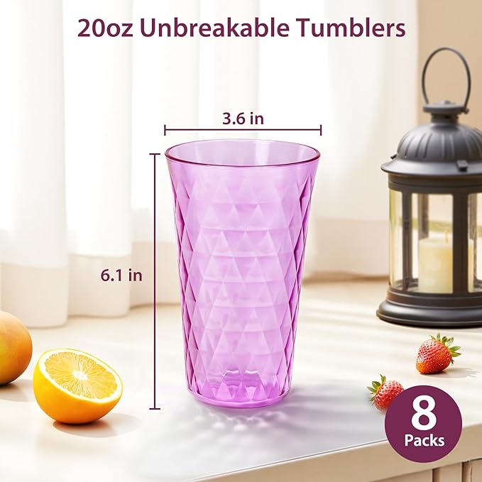 Freshmage 20 oz Unbreakable Drinking Glasses (Set of 8), Jewel Tone Colored Reusable Tumblers, BPA Free Plastic Drinking Cups for Home, Outdoor, Picnic, Pool, Stackable, Dishwasher & Microwave Safe