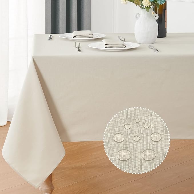 Rectangle 4 Feet Tablecloth 60x84 inch Linen Textured Table Cloth Stain and Wrinkle Resistant Washable Polyester, Decorative Table Cover Waterproof for Dining, Buffet and Camping, Beige