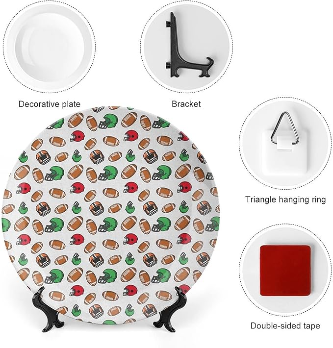 Decorative Plates, American Football Print Ornament, Cartoon Style Rugby Icons Balls American, 7 Inch, 1 Plate with 1 Display Stand, Multicolor