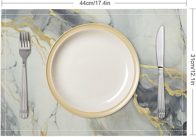Marble Linen Place Mats Set of 4, 12x17 Inch Modern Abstract Foil Texture White Grey Gold Marble Washable Fabric Non-Slip Placemats for Home Dining Table Banquets Party Kitchen Decoration