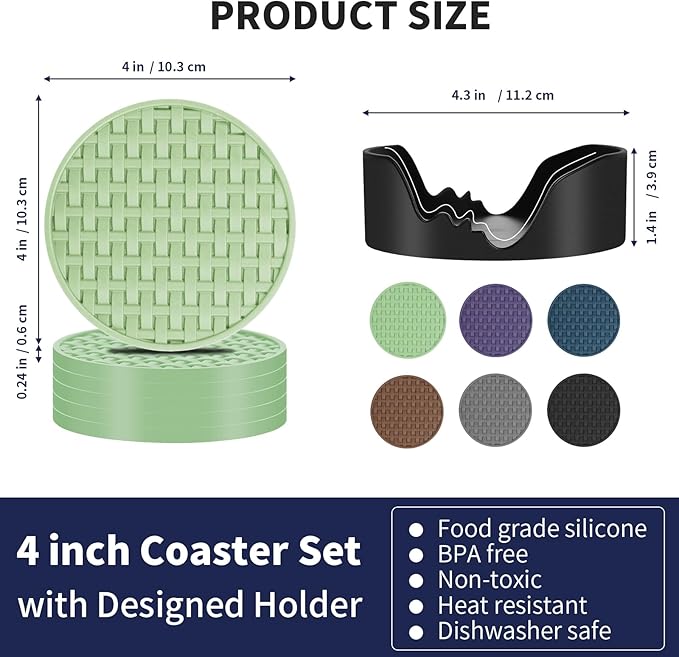Green Silicone Coasters Set of 6 with Holder, 4 Inch Round Non-Slip Heat Resistant Waterproof Coaster, Decorative Cup Mats for Coffee Table, Home, Kitchen, Office, Bar