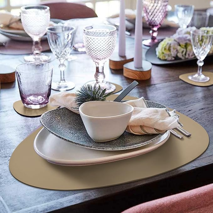 Placemats Set of 6, Placemat with Coasters Heat Stain Scratch Resistant Non-Slip Waterproof Oil-Proof Washable Wipeable Outdoor Indoor for Dining Patio Table Kitchen Decor and Kids-Apricot