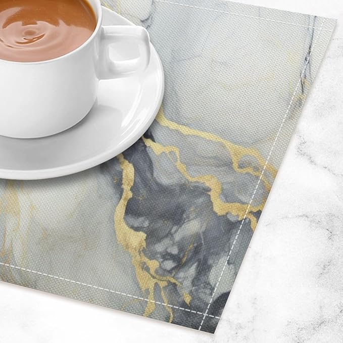 Marble Linen Place Mats Set of 4, 12x17 Inch Modern Abstract Foil Texture White Grey Gold Marble Washable Fabric Non-Slip Placemats for Home Dining Table Banquets Party Kitchen Decoration
