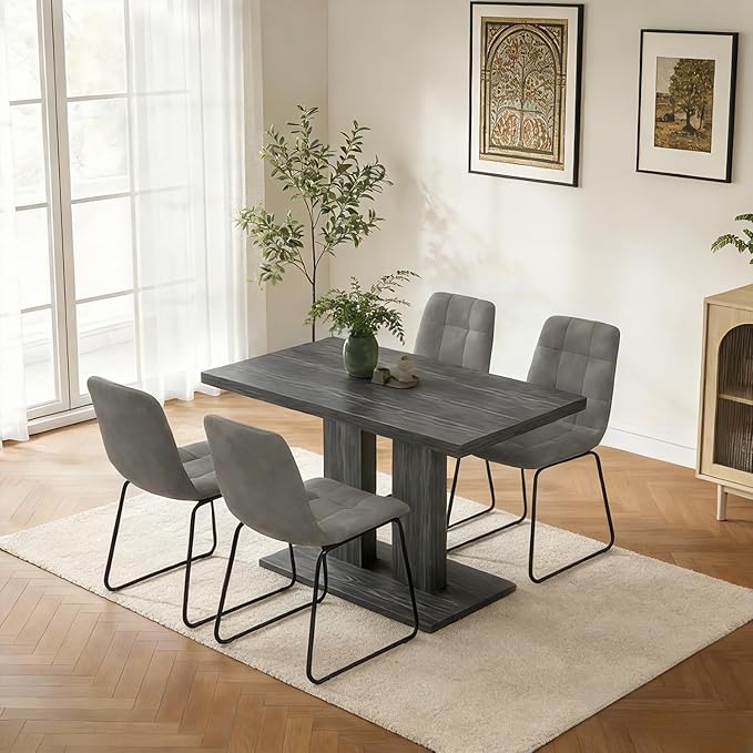 Modern 5-Piece Dining Table Set for 4, 46" Pedestal Dining Table with 4 Leather Chairs, Small Space Saving Kitchen Table Set, Grey Wood Finish Rectangular Table for Dining Room & Apartment